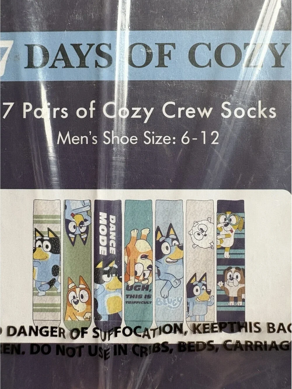 Bluey Mens 7 Days Of Cozy Crew Socks Shoe Size 6-12 Cartoon Novelty Multicolor